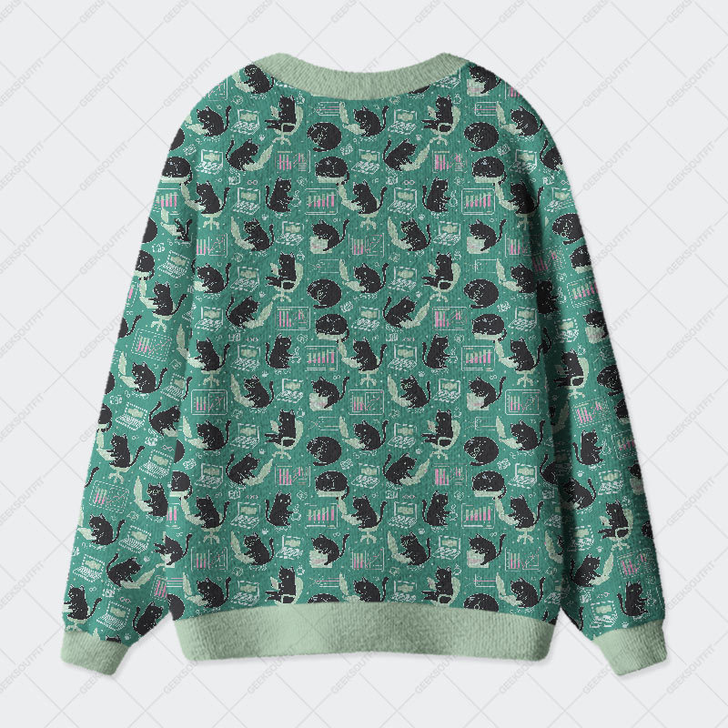 Cat Pattern With Data Print Geek Ugly Cardigan Sweaters 