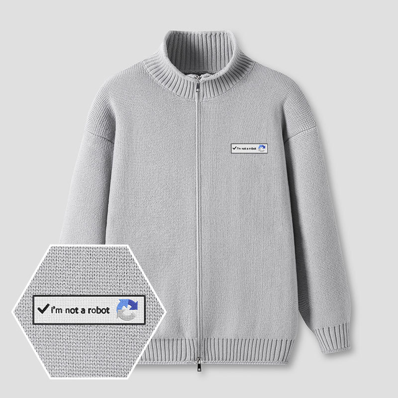 I'm Not A Robot Embroidered Full‑Zip Cardigan