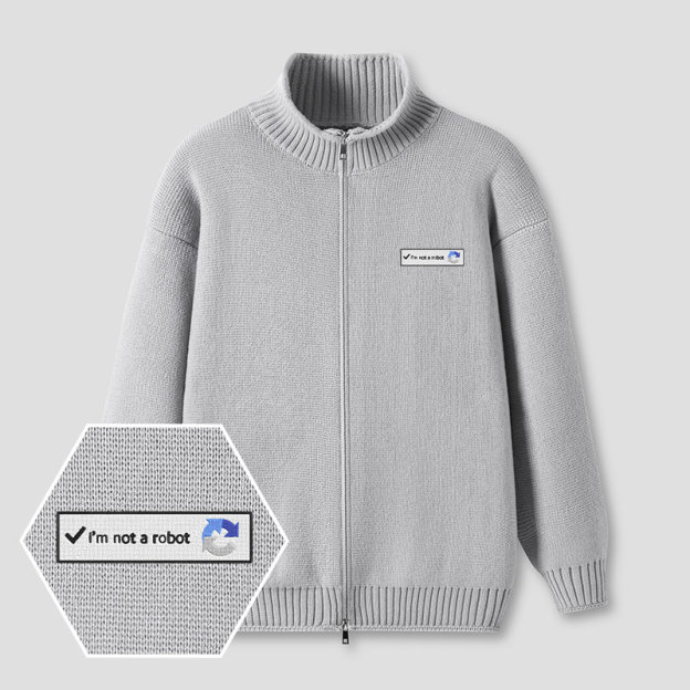 I'm Not A Robot Embroidered Full‑Zip Cardigan
