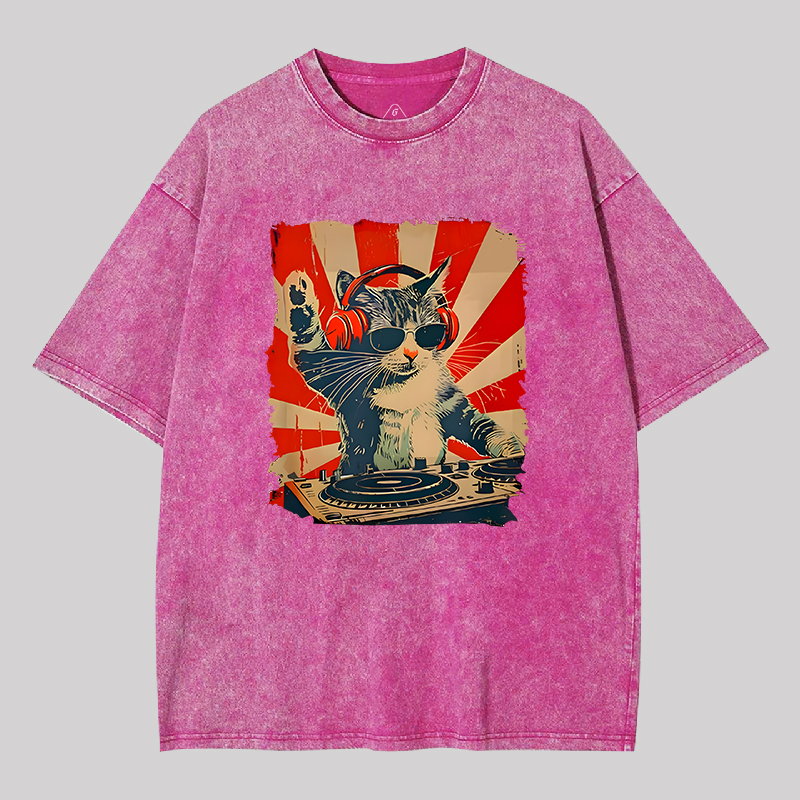 Rock Music Cat Vintage Geek Washed T-shirt