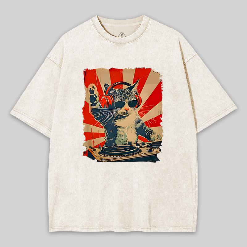 Rock Music Cat Vintage Geek Washed T-shirt
