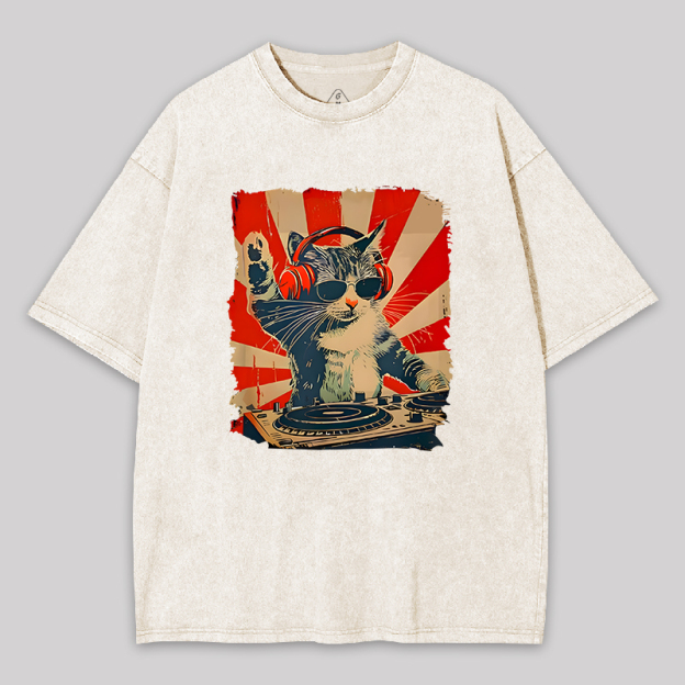 Rock Music Cat Vintage Geek Washed T-shirt