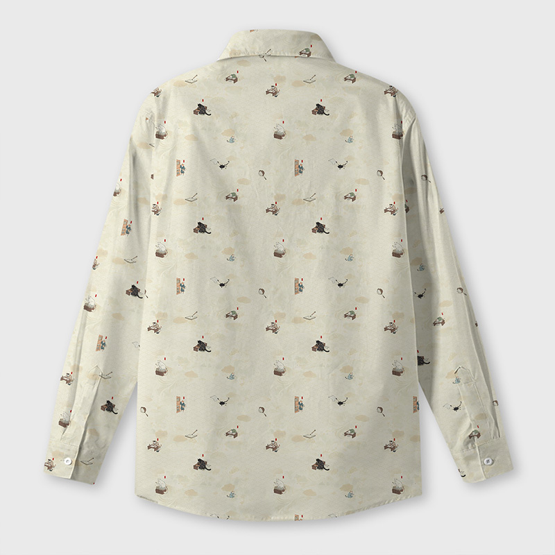 Ukiyo-e Office Cats Geek Long-Sleeved Shirt