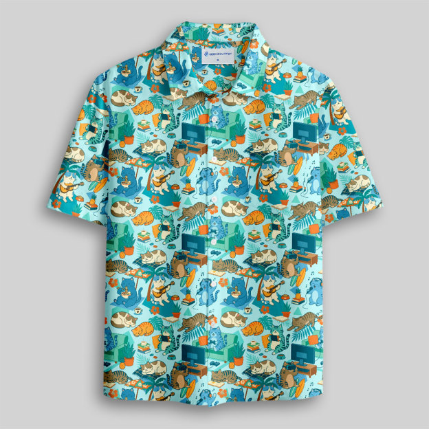 Homebody Paradise Whimsical Cat Button Up Pocket Shirt