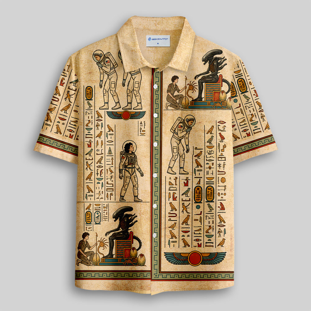 Alien Ancient Egyptian Hieroglyphic Art Button Up Pocket Shirt