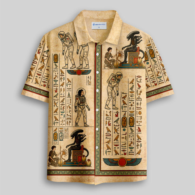 Alien Ancient Egyptian Hieroglyphic Art Button Up Pocket Shirt