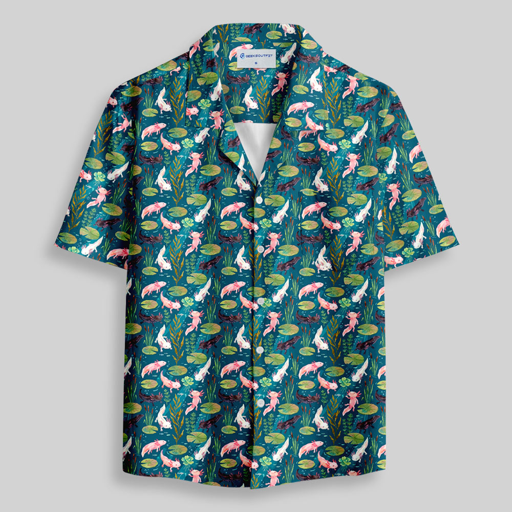 Deep Water Lily & Axolotl Botanical Button Up Pocket Shirt