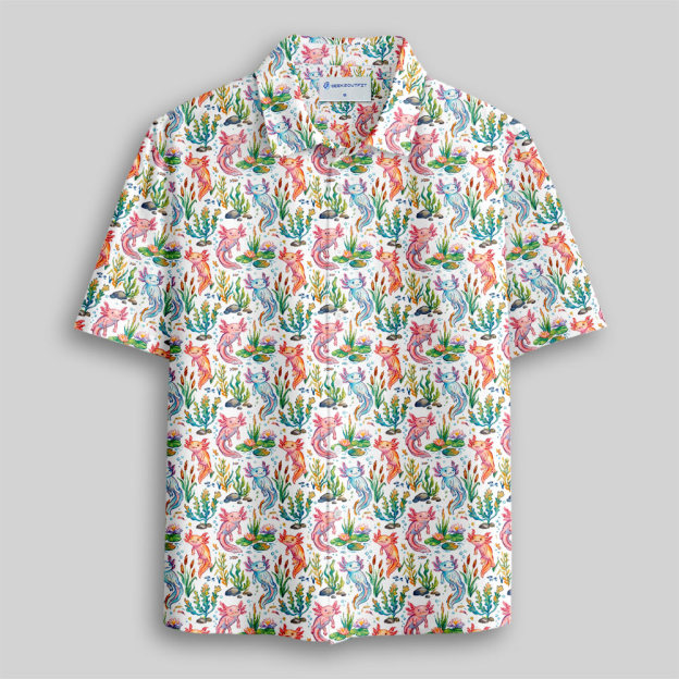 Bright White Axolotl Pond Life Button Up Pocket Shirt