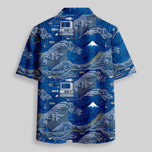 Great Wave Circuit Board Button Up Pocket Shirt