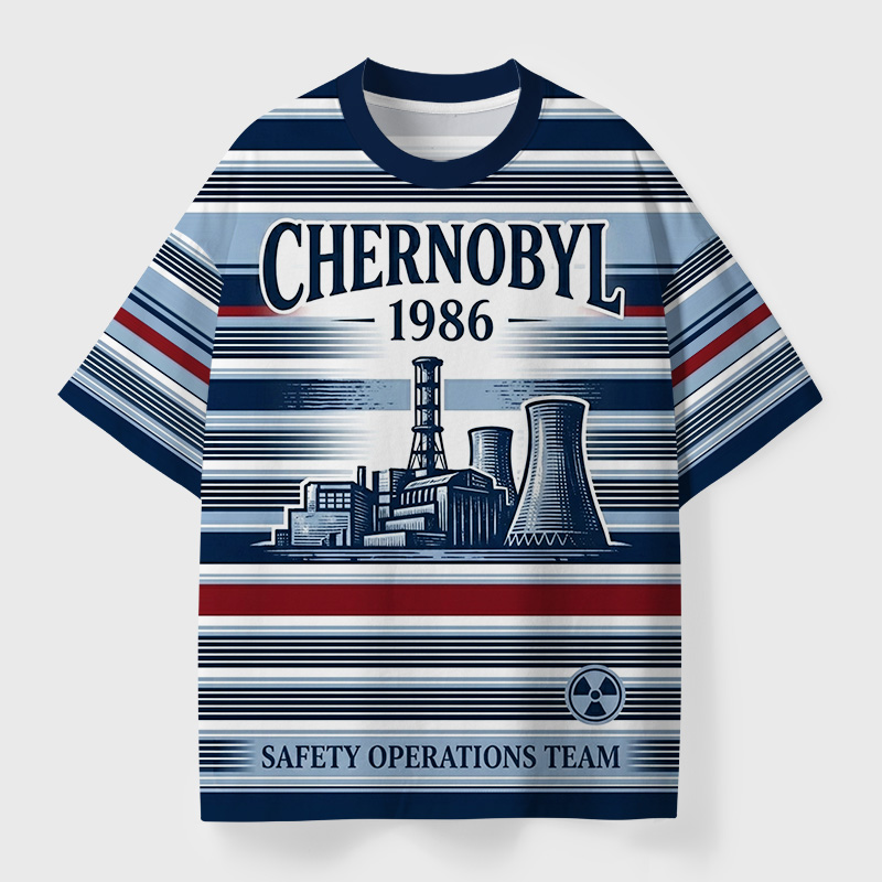 Chernobyl 1986 Industrial Striped Geek Eco Oversized Graphic Tees