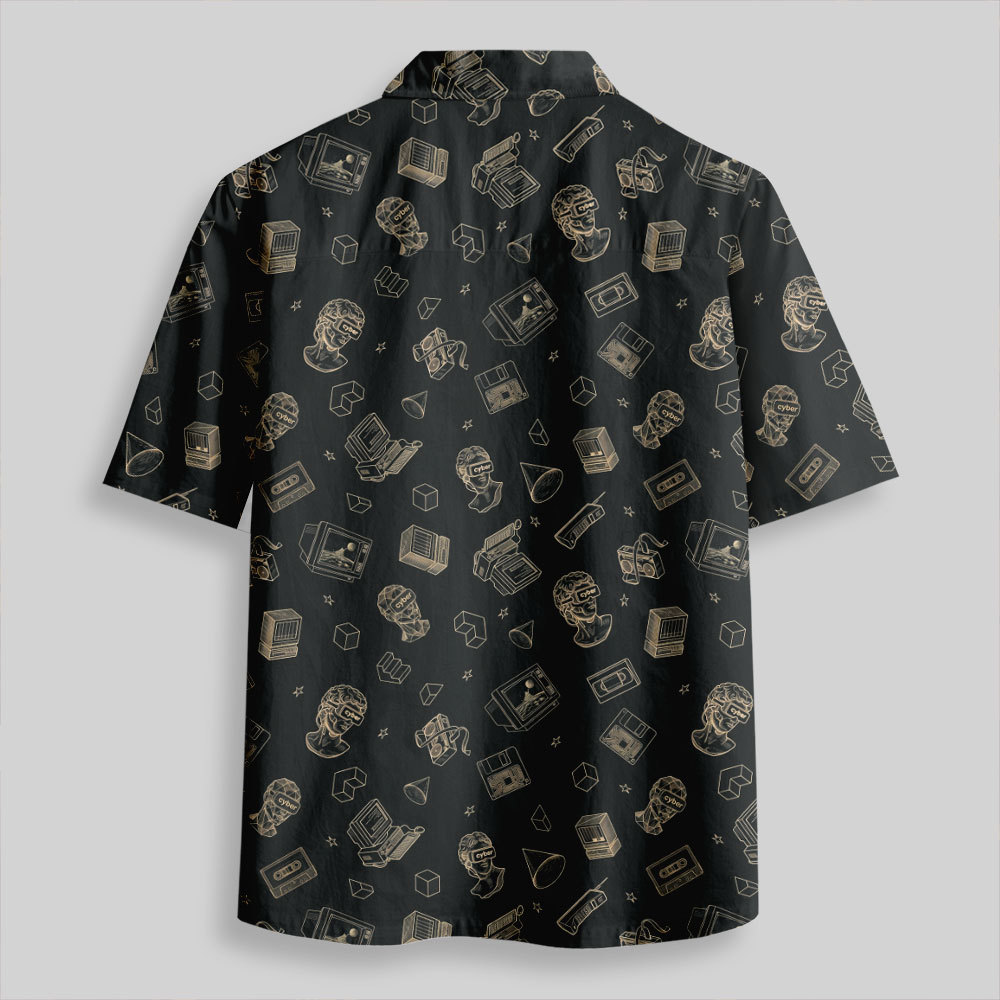 Vaporwave VR Statue Print Button Up Pocket Shirt