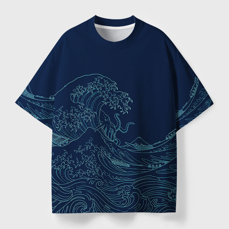 The Great Wave Kraken Geek Eco Oversized Graphic Tees