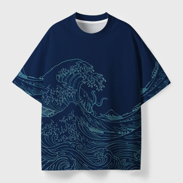 The Great Wave Kraken Geek Eco Oversized Graphic Tees