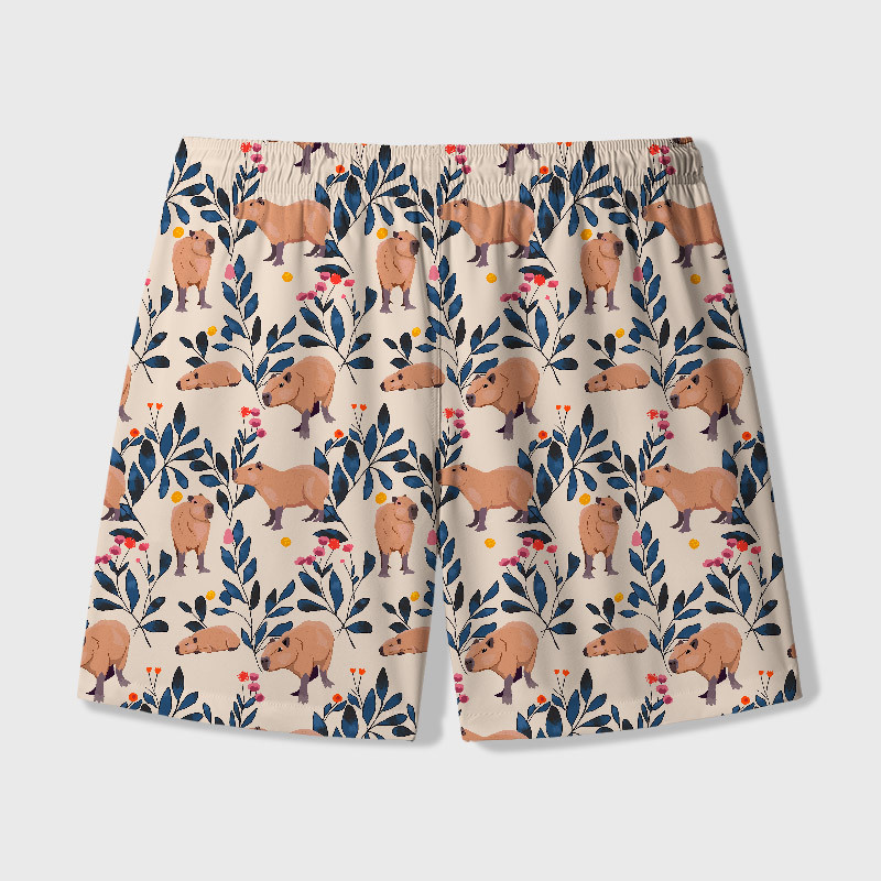 Capybara and Plants Geek Hawaiian Swim Trunks