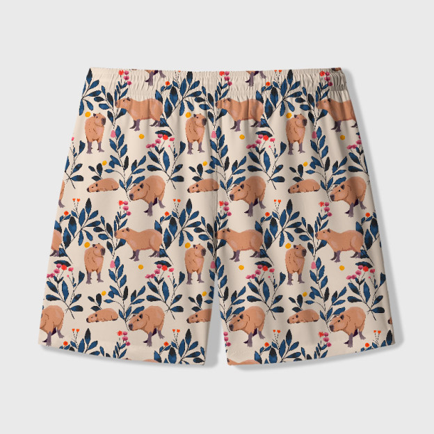 Capybara and Plants Geek Hawaiian Swim Trunks