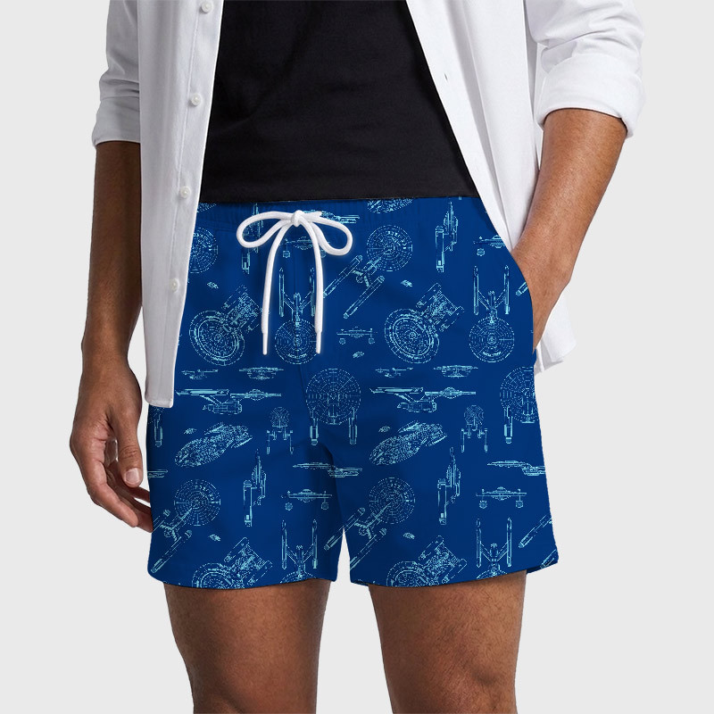 Spaceship Line Drawing Geek Hawaiian Swim Trunks