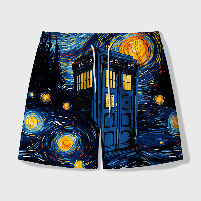 Starry Night Phone Booth Geek Hawaiian Swim Trunks