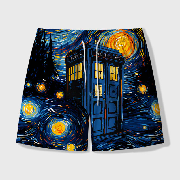 Starry Night Phone Booth Geek Hawaiian Swim Trunks