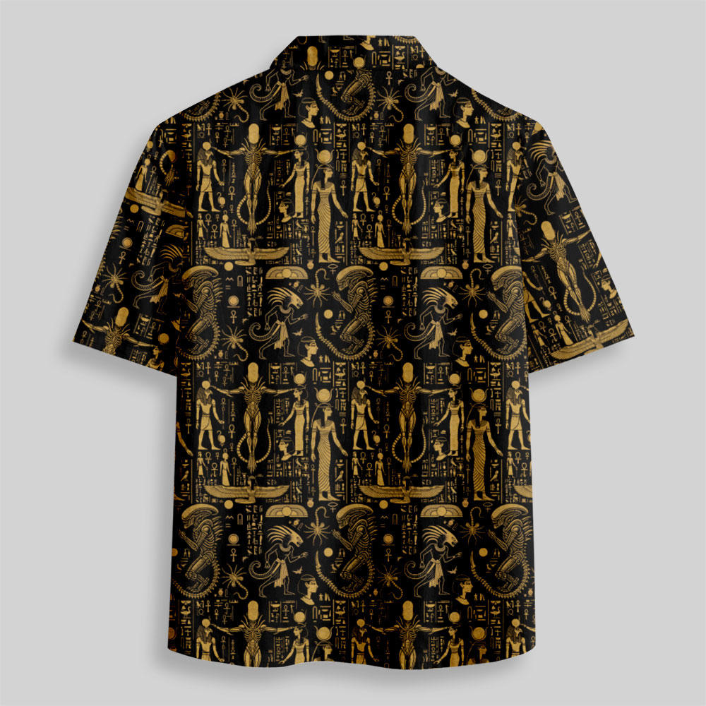Egyptian Mural Alien Button Up Pocket Shirt