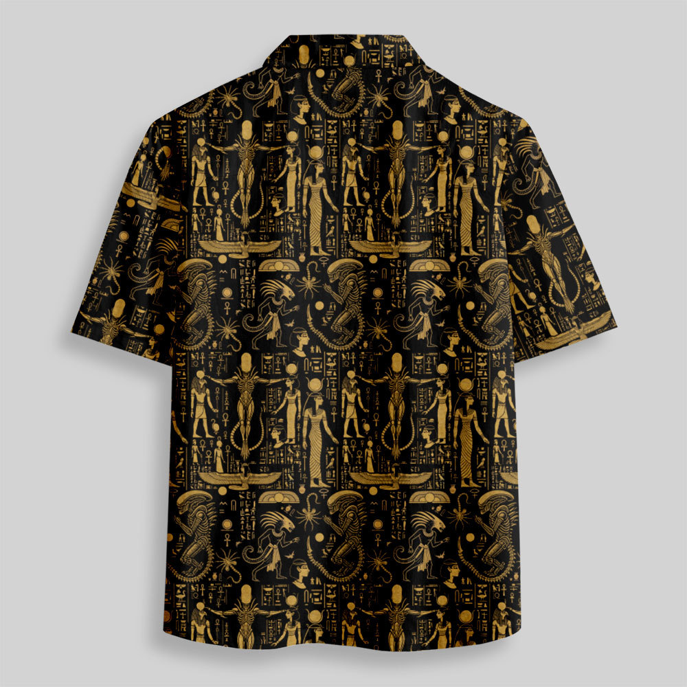 Egyptian Mural Alien Button Up Pocket Shirt