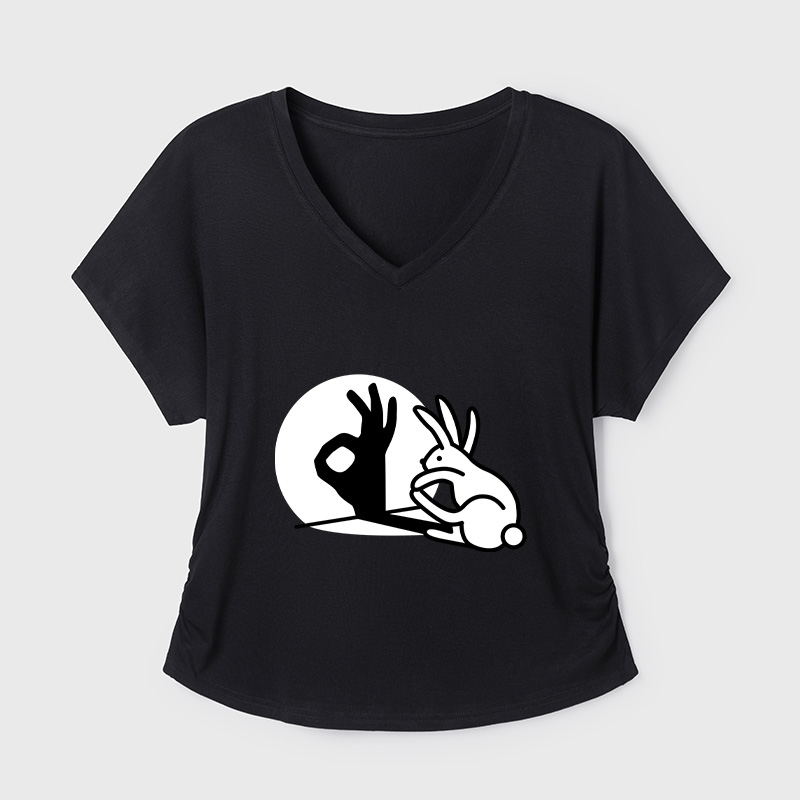 Funny Bunny OK Hand Shadow Geek Dolman Sleeve V-Neck Shirt