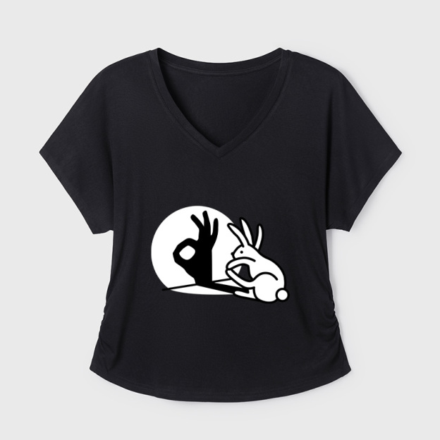 Funny Bunny OK Hand Shadow Geek Dolman Sleeve V-Neck Shirt