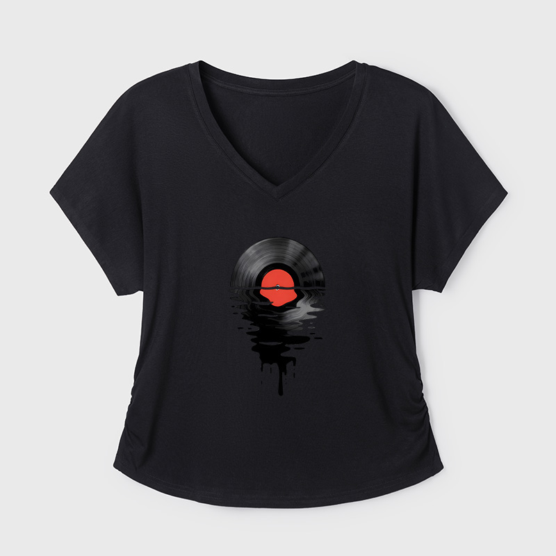 Vinyl LP Music Record Sunset Red Geek Dolman Sleeve V-Neck Shirt