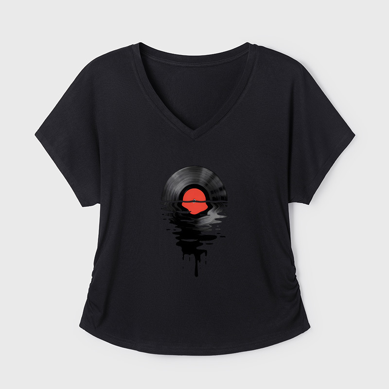 Vinyl LP Music Record Sunset Red Geek Dolman Sleeve V-Neck Shirt