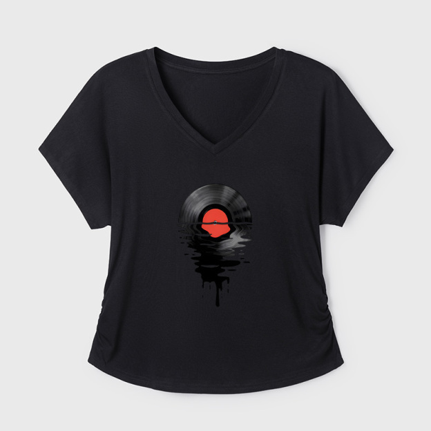 Vinyl LP Music Record Sunset Red Geek Dolman Sleeve V-Neck Shirt