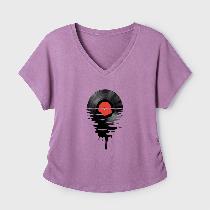 Vinyl LP Music Record Sunset Red Geek Dolman Sleeve V-Neck Shirt