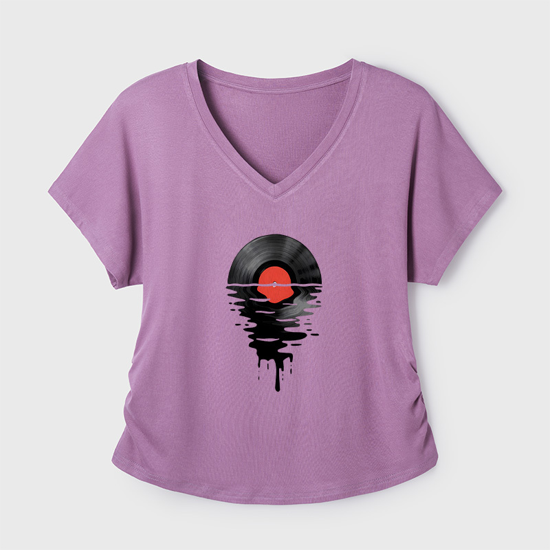 Vinyl LP Music Record Sunset Red Geek Dolman Sleeve V-Neck Shirt