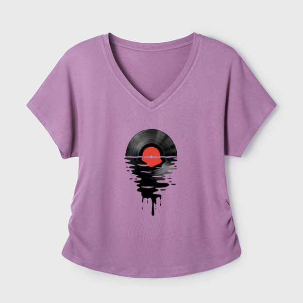 Vinyl LP Music Record Sunset Red Geek Dolman Sleeve V-Neck Shirt