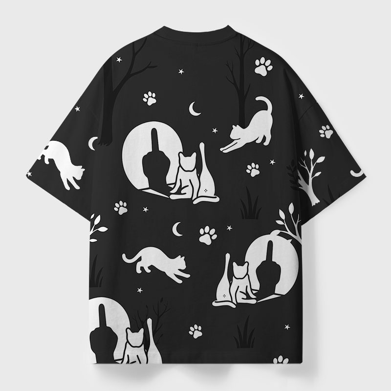 Midnight Sassy Cat Middle Finger Geek Eco Oversized Graphic Tees