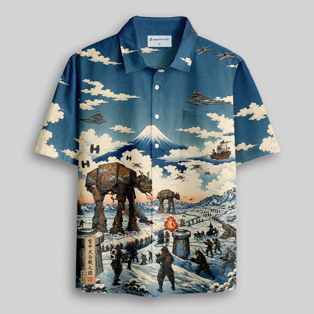 Vintage Ukiyo-e Style Galactic Ice Planet Battle Button Up Pocket Shirt