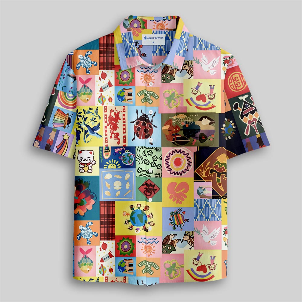Global Folk Lucky Patchwork Collage Button Up Pocket Shirt