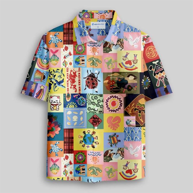 Global Folk Lucky Patchwork Collage Button Up Pocket Shirt