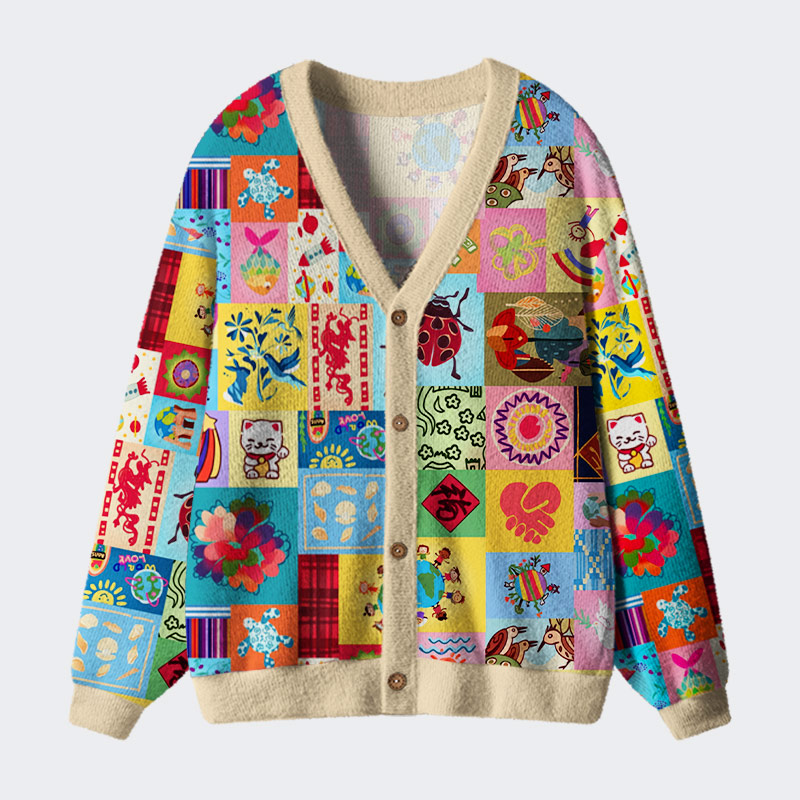 Global Folk Lucky Patchwork Collage Geek Ugly Cardigan Sweaters