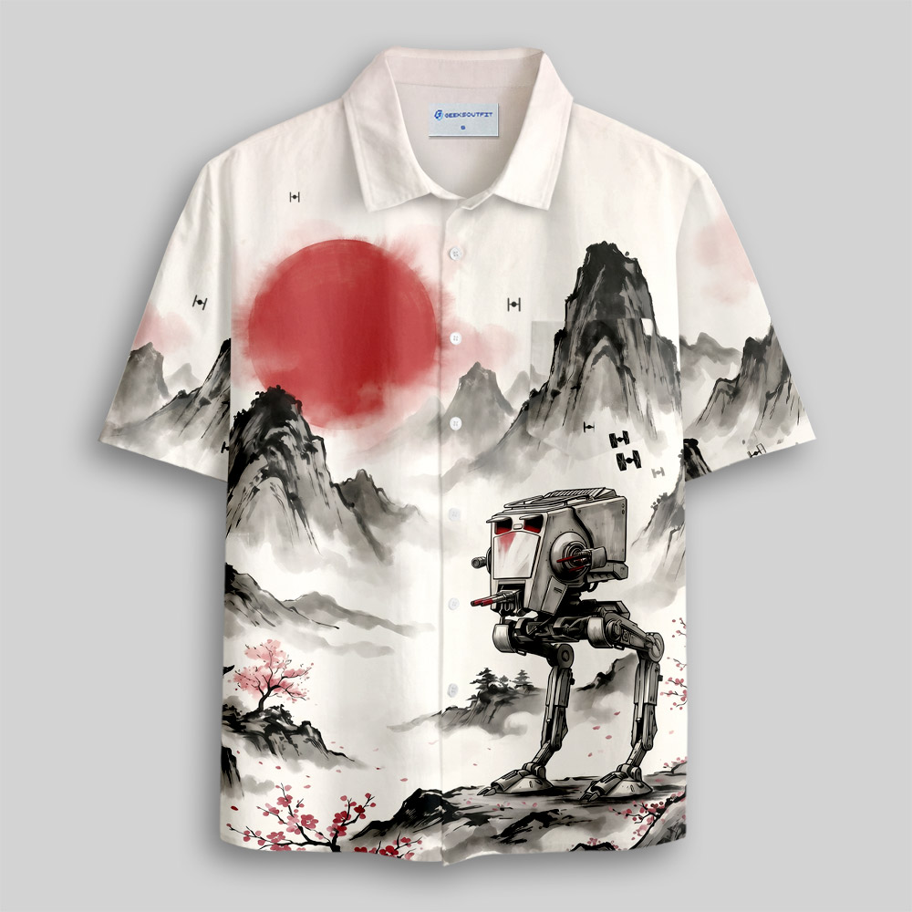 Red Sun Ink Wash Mechanical Robot Button Up Pocket Shirt