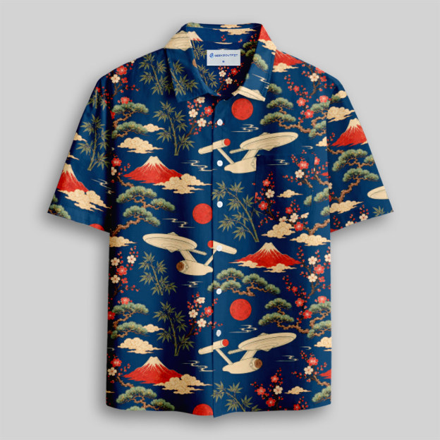 Sci-Fi Spaceship Ukiyo-e Style Button Up Pocket Shirt