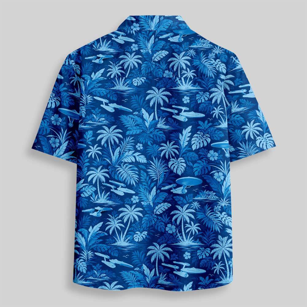 Vintage Blue Tropical Palm Tree Button Up Pocket Shirt