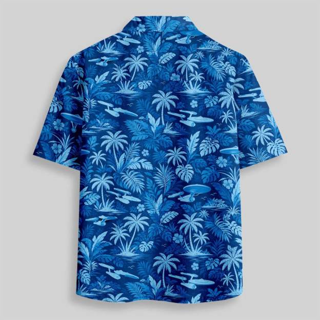 Vintage Blue Tropical Palm Tree Button Up Pocket Shirt