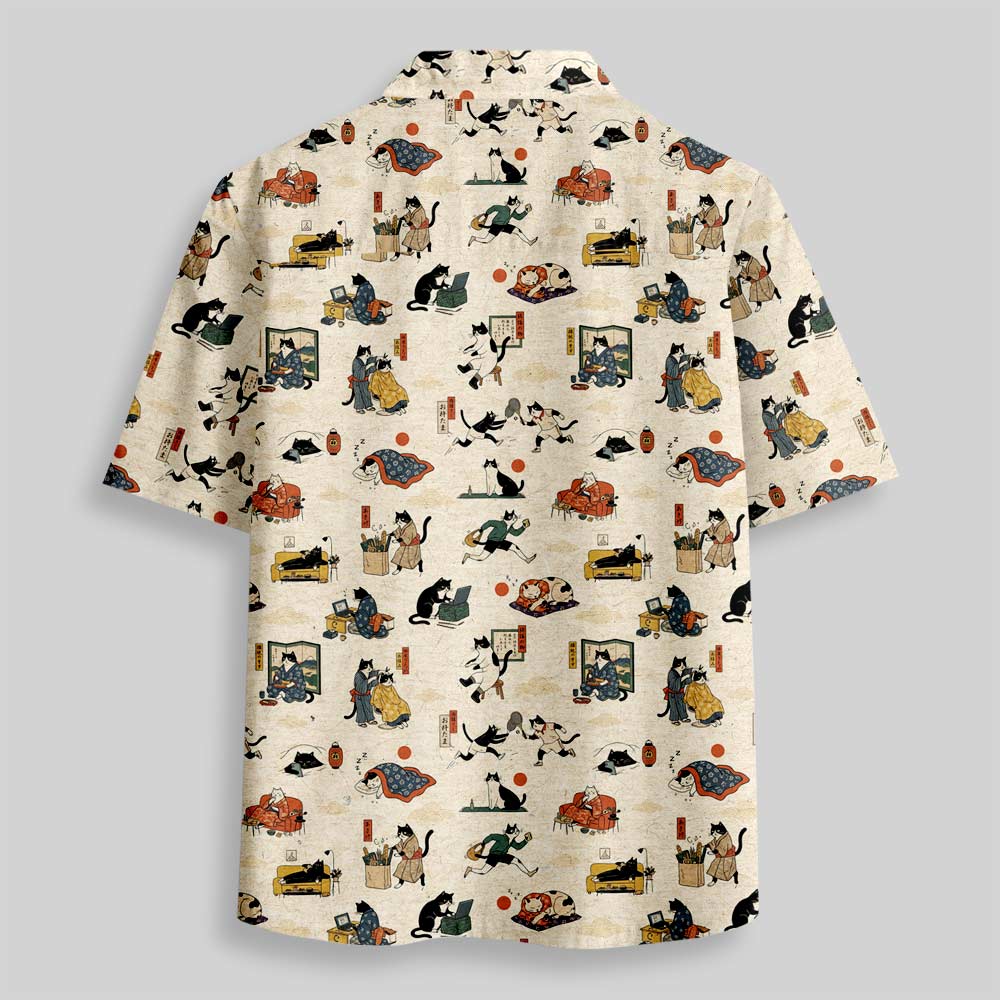 Edo Cat Daily Life Button Up Pocket Shirt