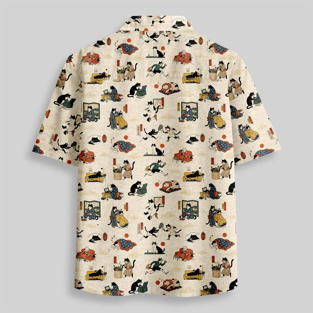 Edo Cat Daily Life Button Up Pocket Shirt