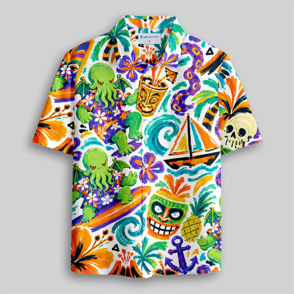 Surfing Cthulhu Tropical Hawaiian Button Up Pocket Shirt