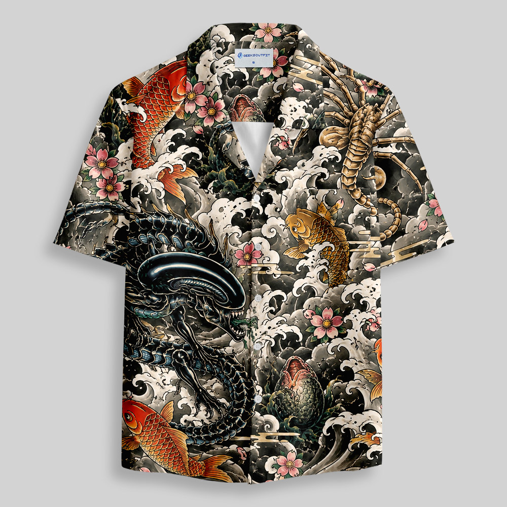 Vintage Ukiyo-e Style Sci-Fi Parasite Larva Sakura Button Up Pocket Shirt