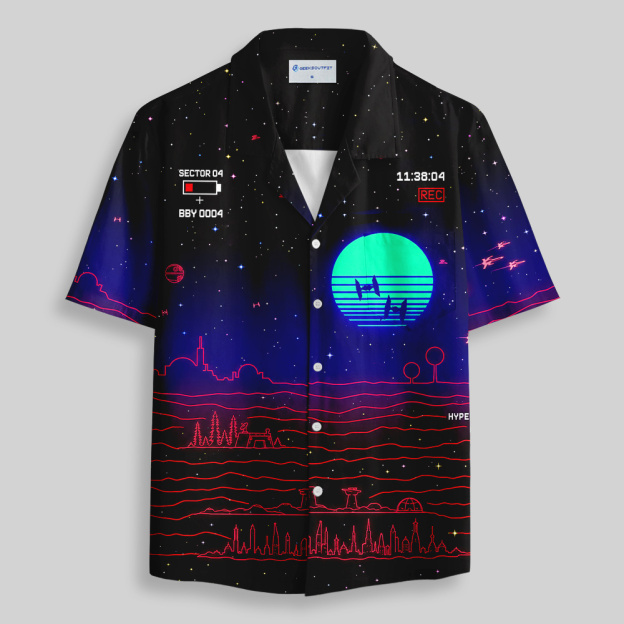 80s Synthwave Galactic Battle Shirt Neon Sunset Fighter Jet Button Up Pocket Shirt