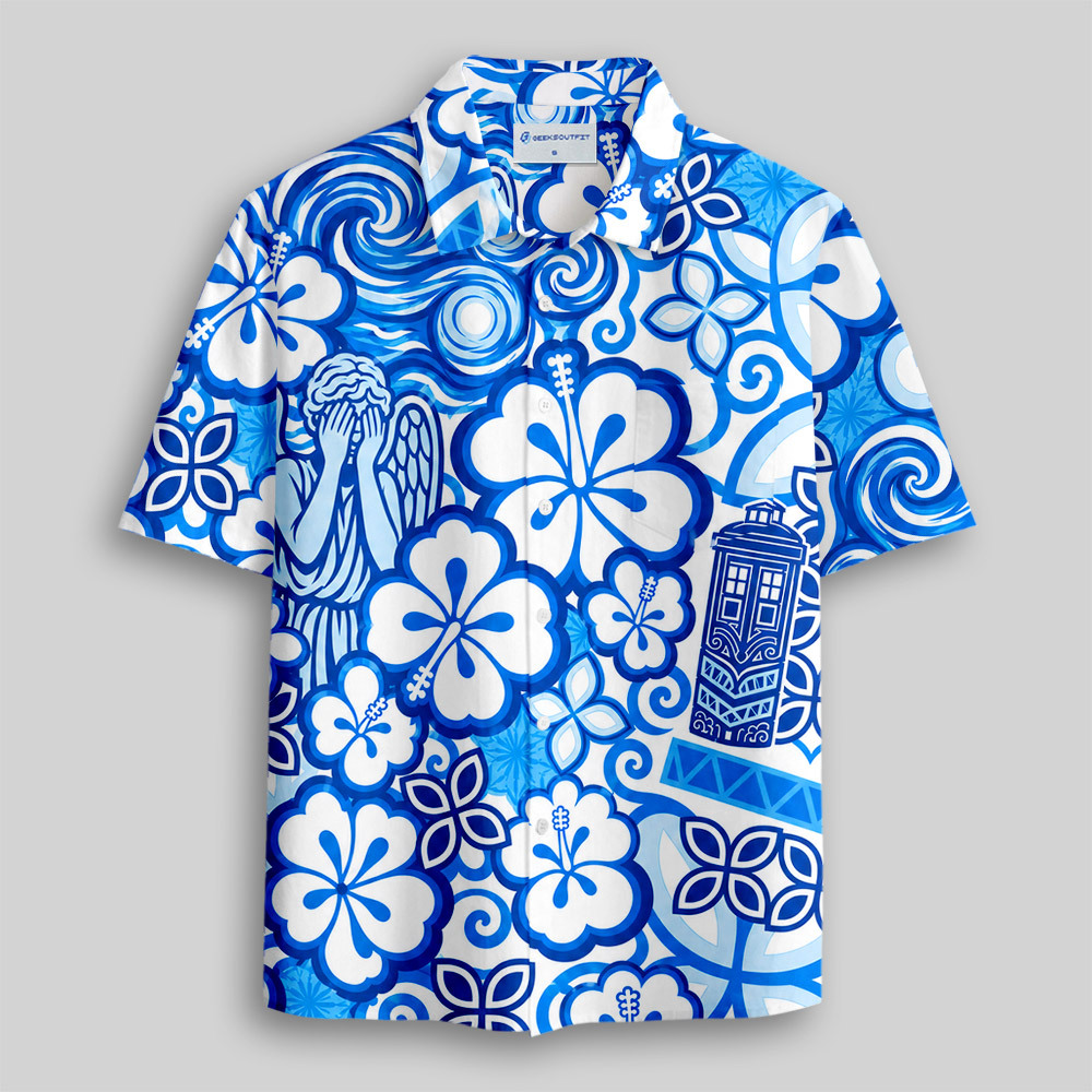 Time Travel Weeping Statue Hibiscus Phone Box Hawaii Button Up Pocket Shirt