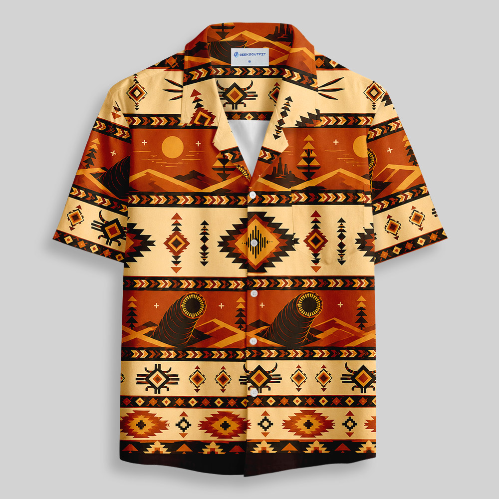 Desert Sandworm Geometric Sci-Fi Aztec Button Up Pocket Shirt