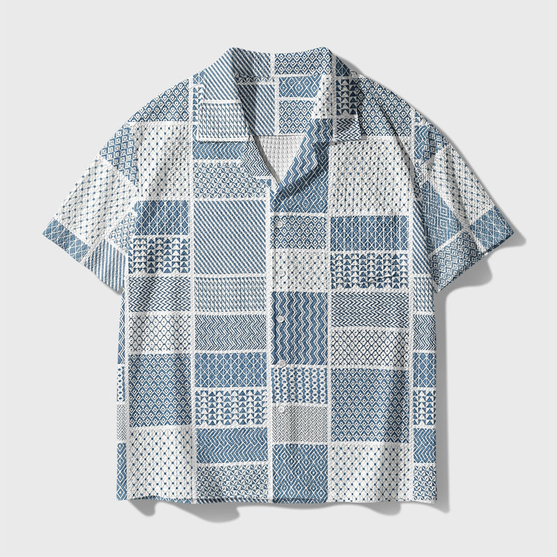 Coastal Indigo Patchwork Mixed Geometry Geek Waffle Knit Crochet Shirt