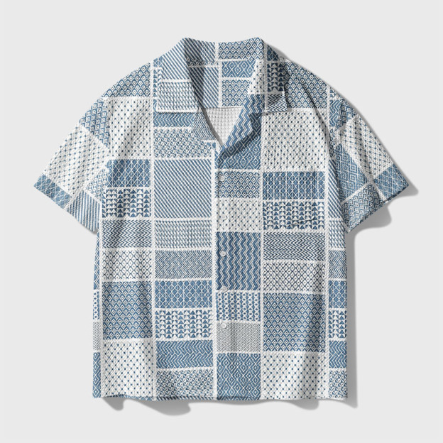Coastal Indigo Patchwork Mixed Geometry Geek Waffle Knit Crochet Shirt